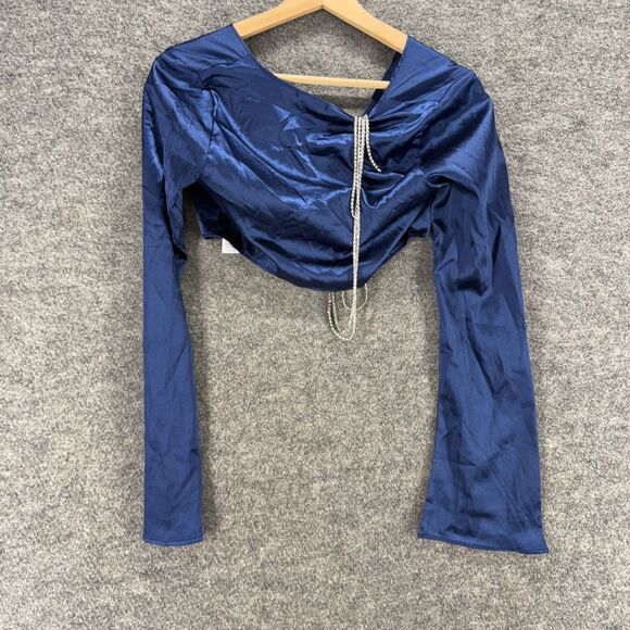 New PrettyLittleThings Cropped Top Women 6 Blue V-Neck Tie Up Long Sleeve Casual - Picture 2 of 8